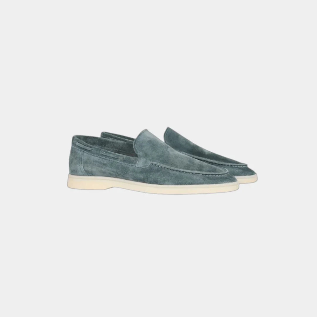 Slate blue suede loafers with moc toe and light rubber sole