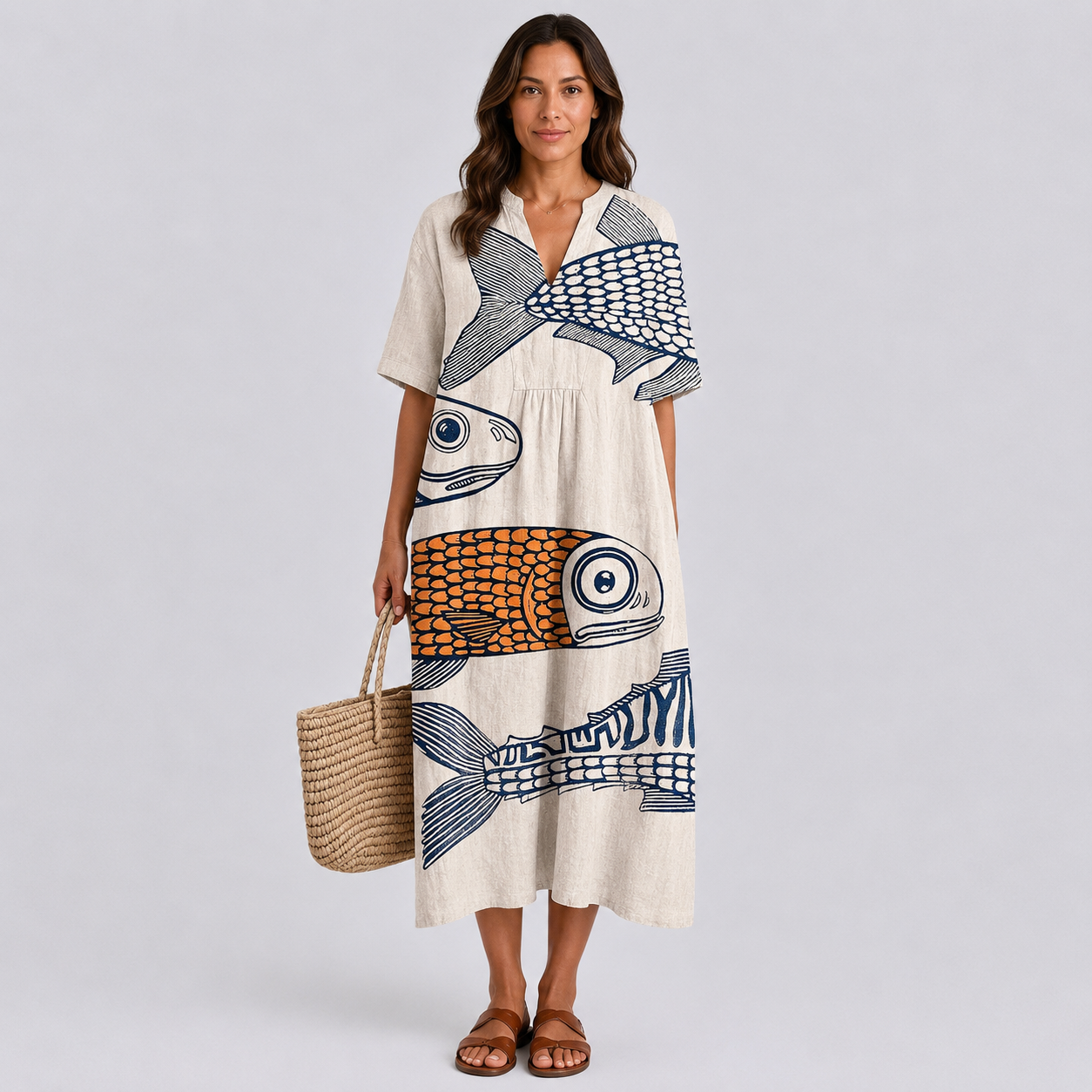Beige short-sleeve midi dress with fish print, V-neck and relaxed fit.