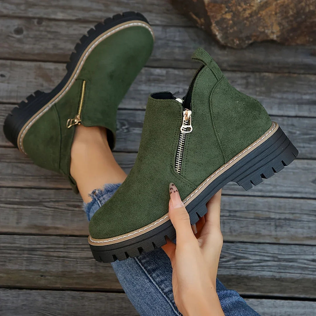 Green suede ankle orthopedic boots with side zipper and contrast tan trim