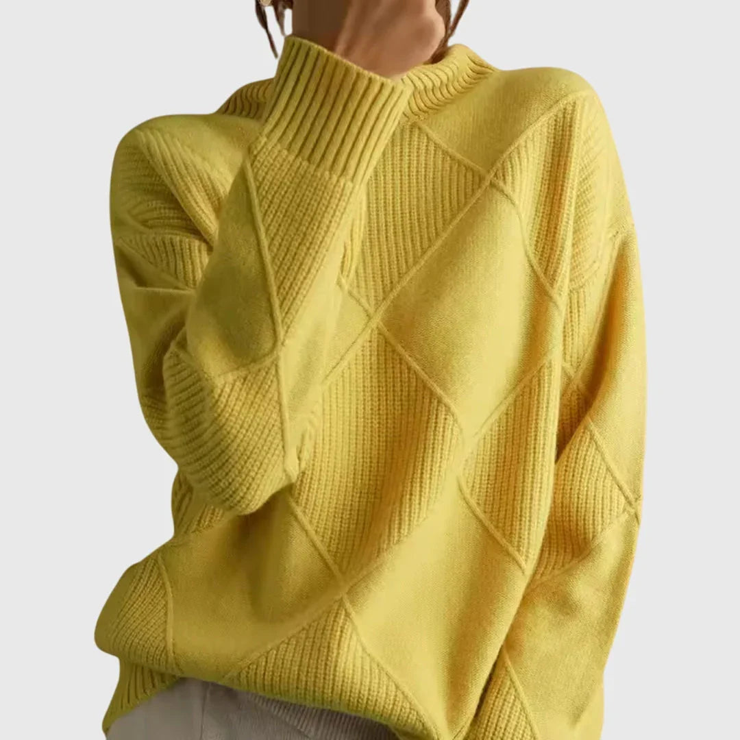 Lauren high-neck pullover sweater, ribbed turtleneck and cuffs, yellow knit with diamond pattern