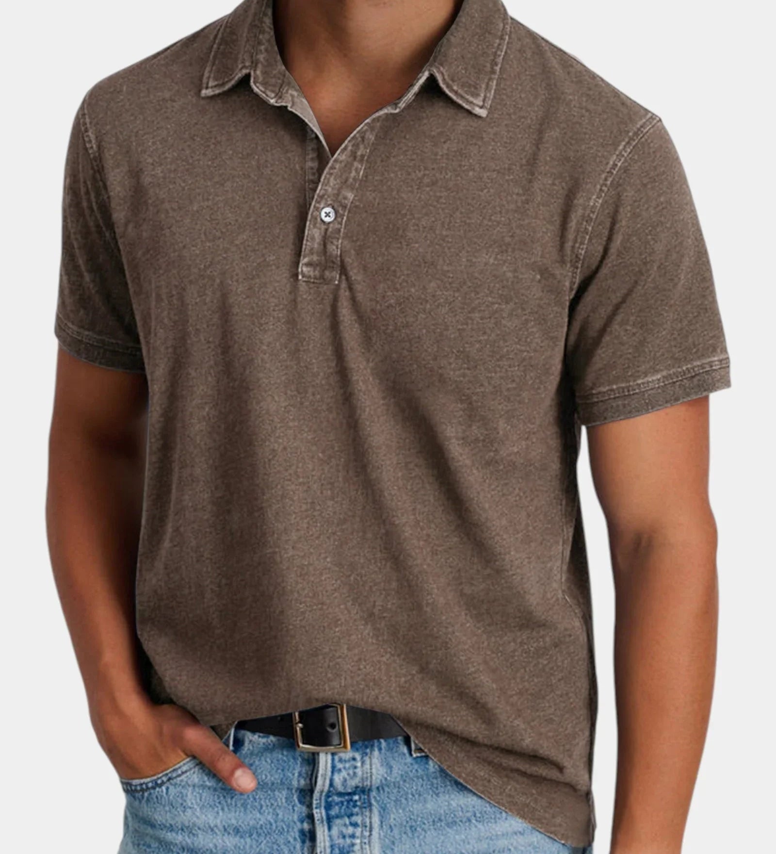 Brown classic polo shirt with short sleeves, button placket, and collared neckline