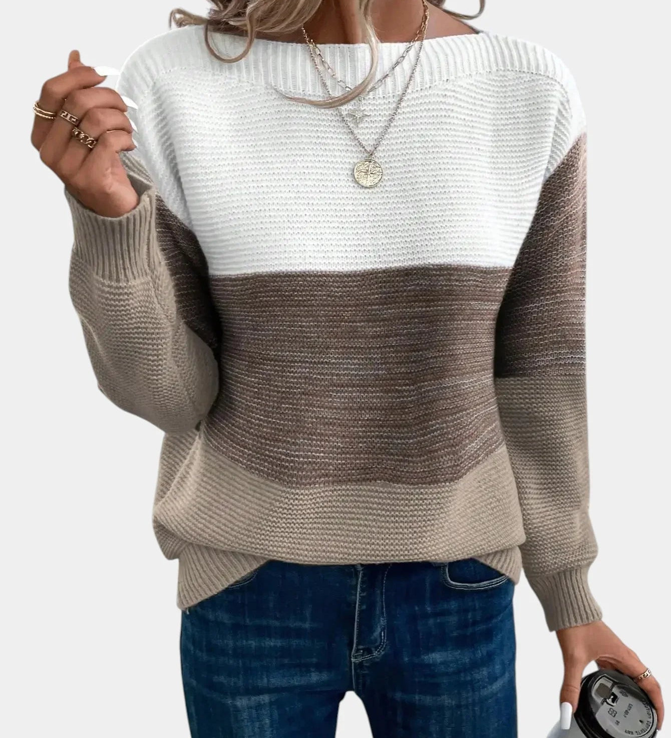 Two-tone knit pullover with crew neck and long sleeves, white to dark gray gradient