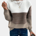 Two-tone knit pullover with crew neck and long sleeves, white to dark gray gradient