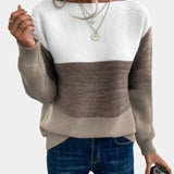Two-tone knit pullover with crew neck and long sleeves, white to dark gray gradient