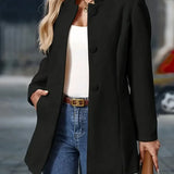 Black button-front blazer jacket with notched lapel and front buttons