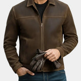 Suede-effect jacket in brown with full zip front, stand collar, and two chest pockets