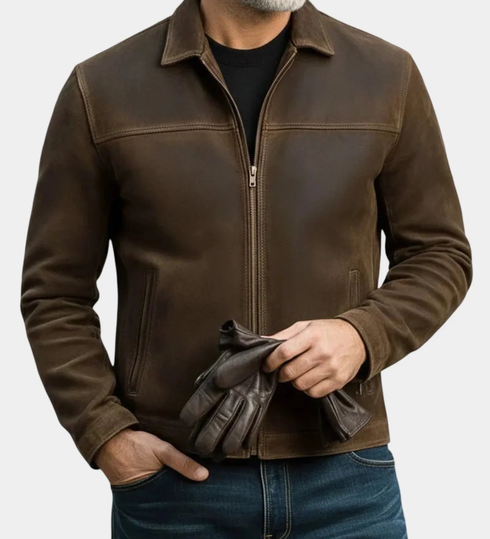 Suede-effect jacket in brown with full zip front, stand collar, and two chest pockets