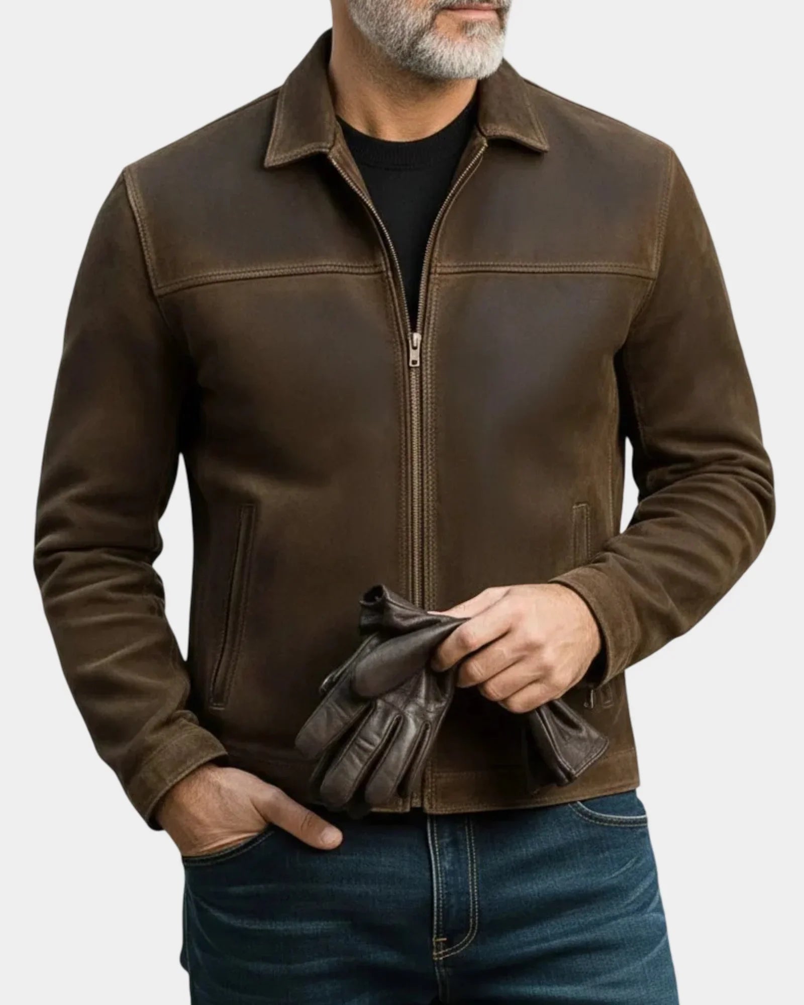 Suede-effect jacket in brown with full zip front, stand collar, and two chest pockets