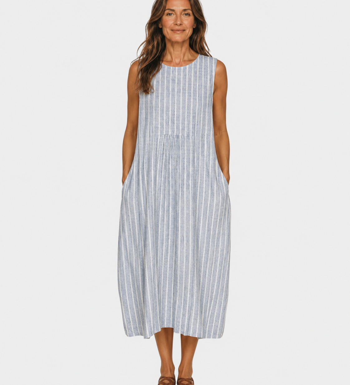 Sleeveless striped summer dress with round neckline, blue and white, midi length