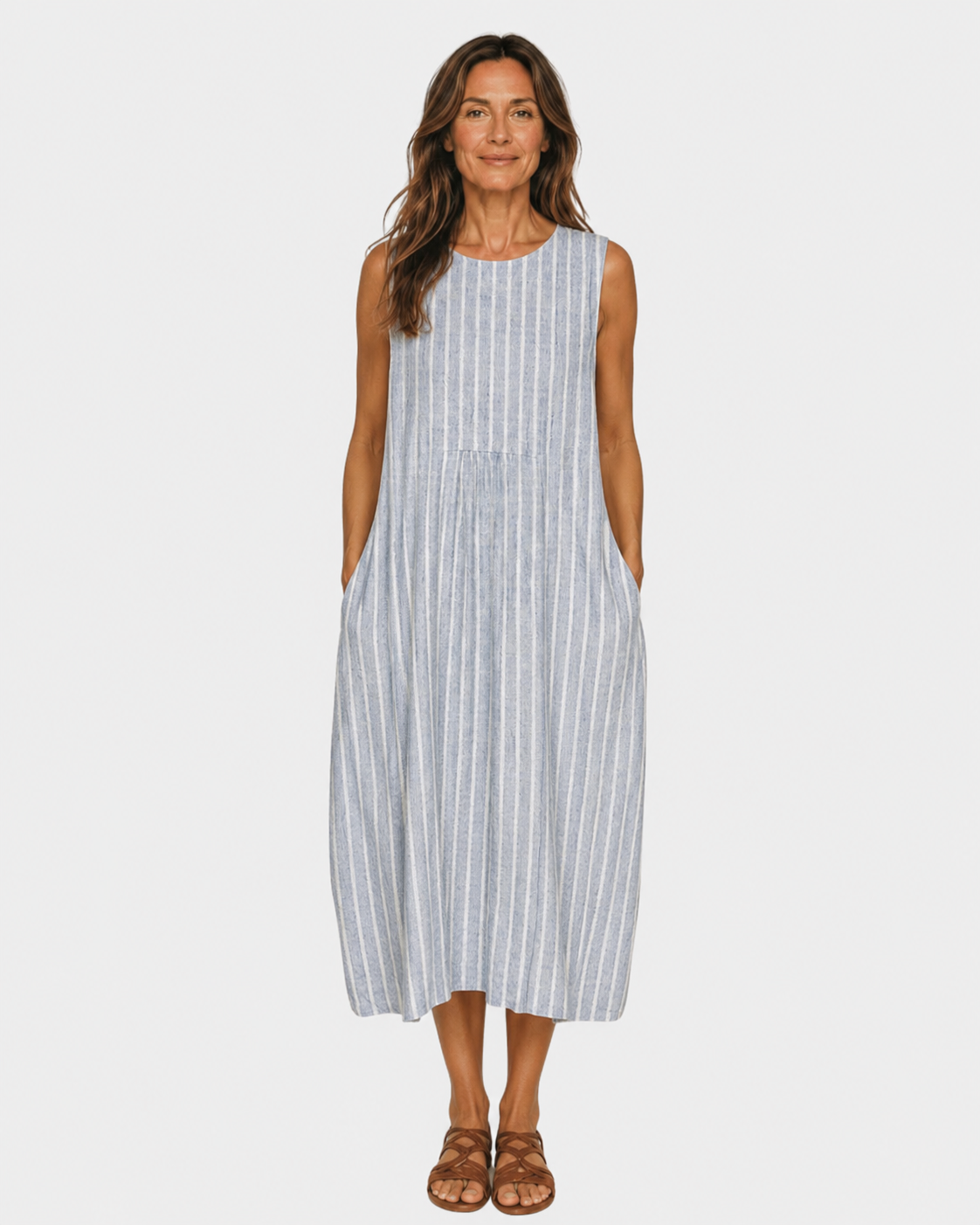 Sleeveless striped summer dress with round neckline, blue and white, midi length