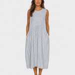 Sleeveless striped summer dress with round neckline, blue and white, midi length