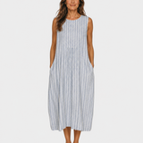 Sleeveless striped summer dress with round neckline, blue and white, midi length