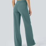 Teal high-rise wide-leg pants with back patch pocket