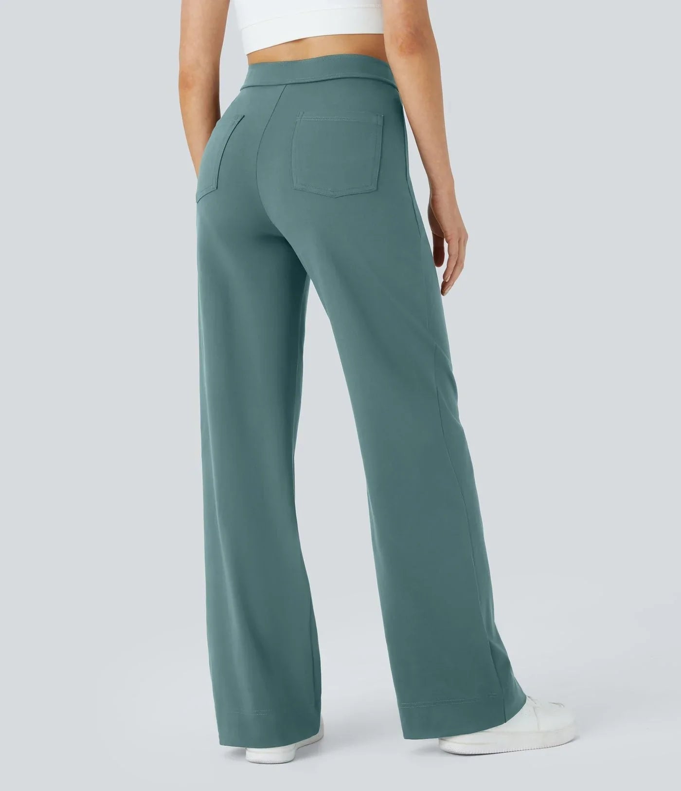 Teal high-rise wide-leg pants with back patch pocket