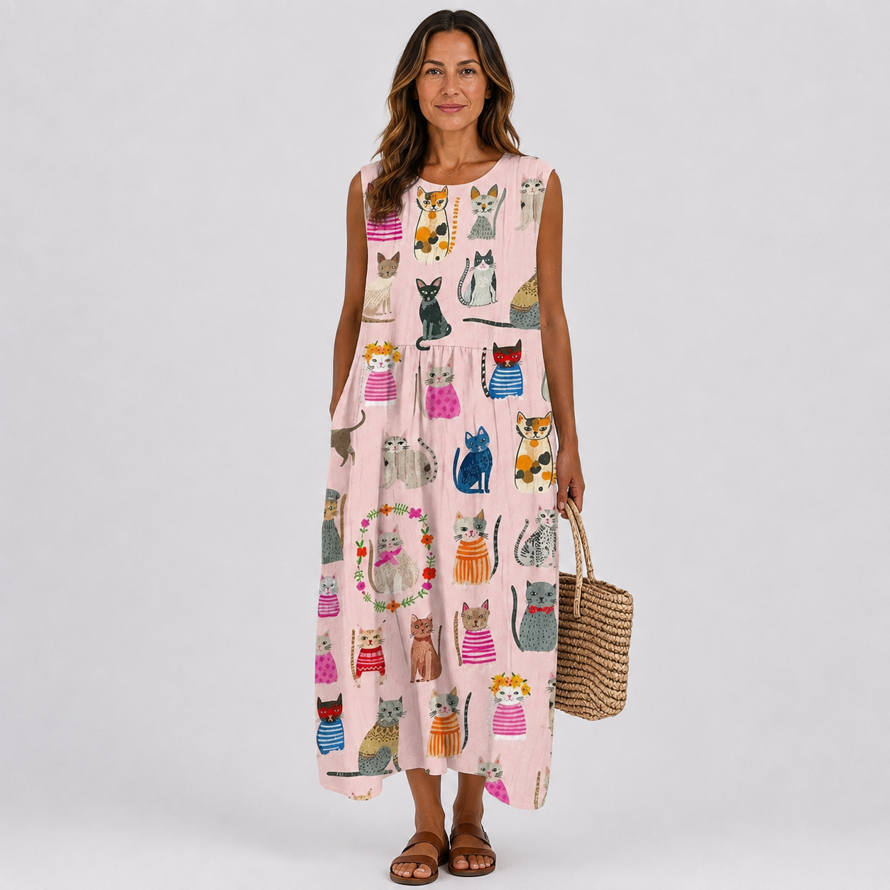 Pink sleeveless summer dress with colorful animal print, gathered waist, midi length