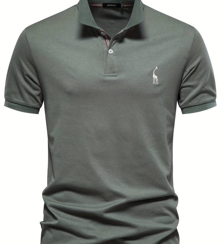 Casual sports polo shirt in dark gray-green, ribbed collar and 3-button placket, small chest logo