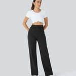 Black elastic-waist wide-leg pants with button-front and front patch pockets