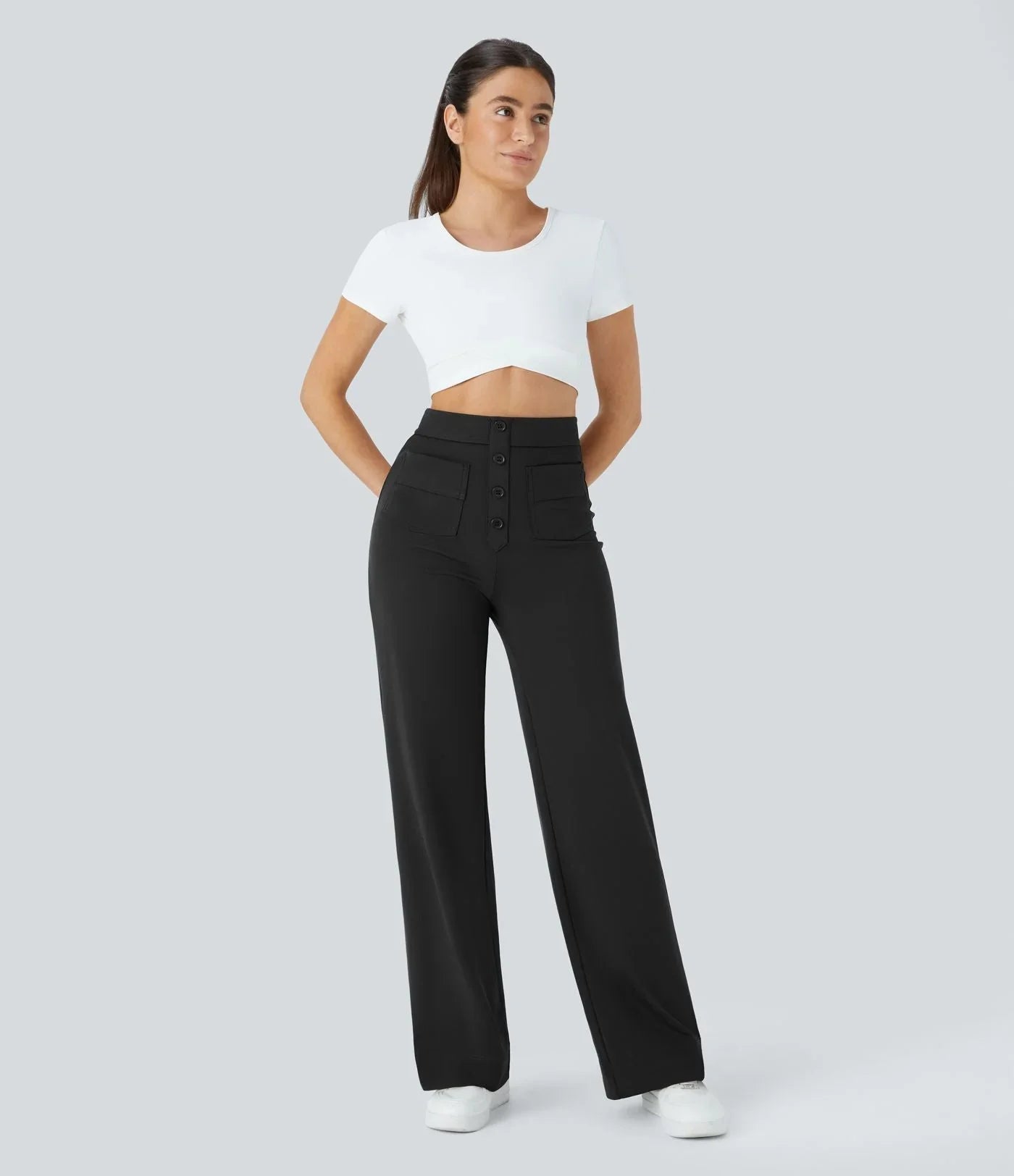 Black elastic-waist wide-leg pants with button-front and front patch pockets