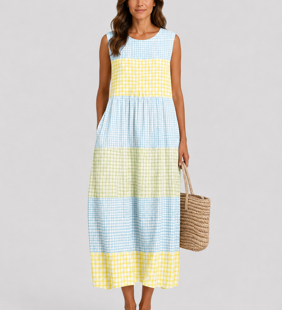 Sleeveless checkered summer dress with round neckline, blue and yellow blocks
