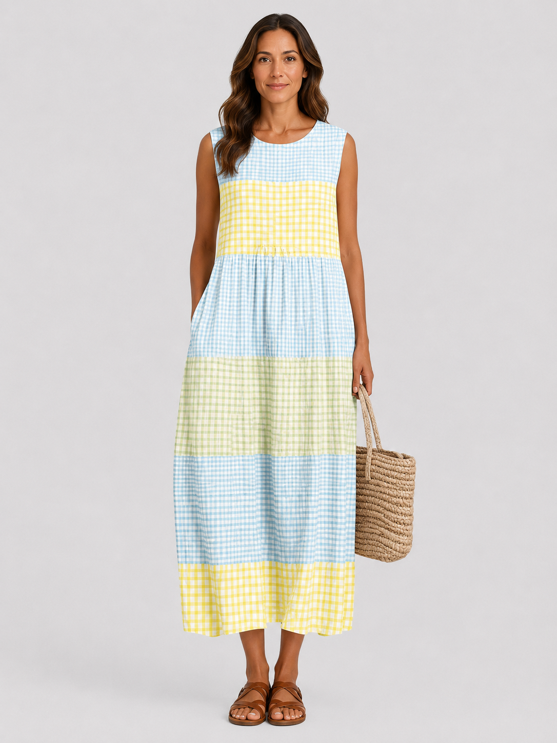 Sleeveless checkered summer dress with round neckline, blue and yellow blocks