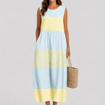 Sleeveless checkered summer dress with round neckline, blue and yellow blocks