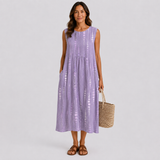 Sleeveless lavender midi dress with gathered yoke and vertical dotted embroidery