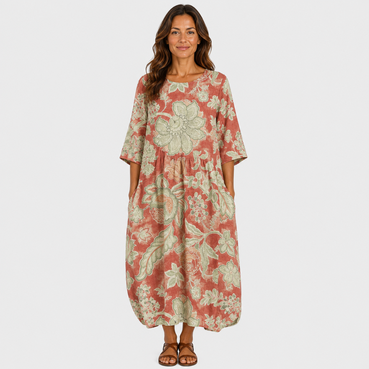 Floral maxi dress, coral with light green scroll pattern, 3/4 sleeves, round neck