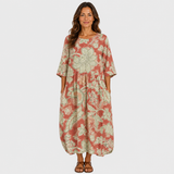 Floral maxi dress, coral with light green scroll pattern, 3/4 sleeves, round neck