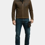 Suede-effect jacket in brown with zip front, stand collar, and side pockets