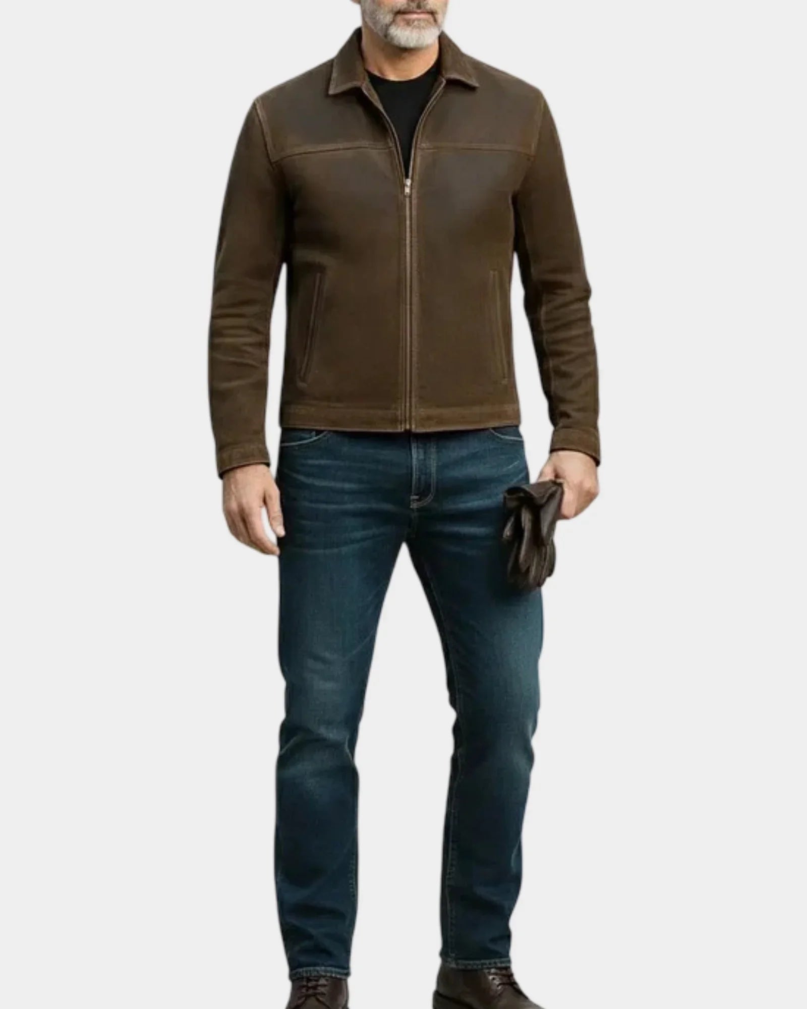 Suede-effect jacket in brown with zip front, stand collar, and side pockets
