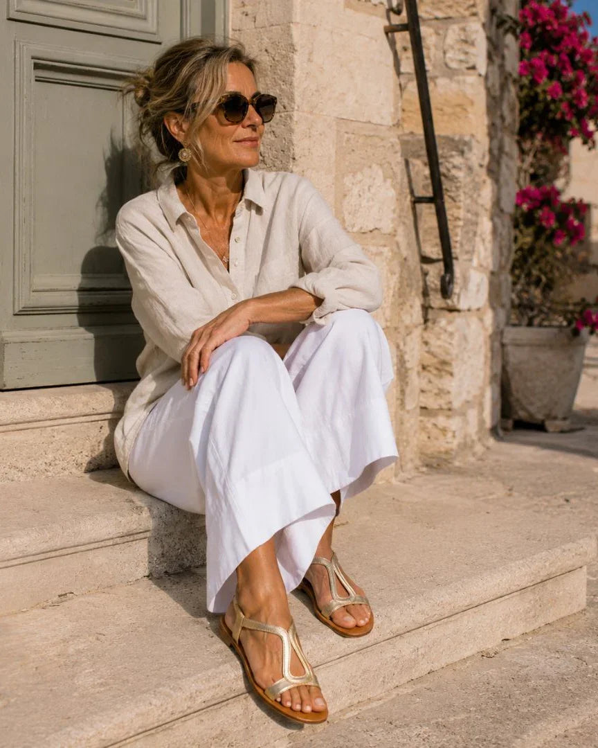 Lavender T-strap open-toe sandals with low block heel and ankle strap