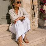 Lavender T-strap open-toe sandals with low block heel and ankle strap