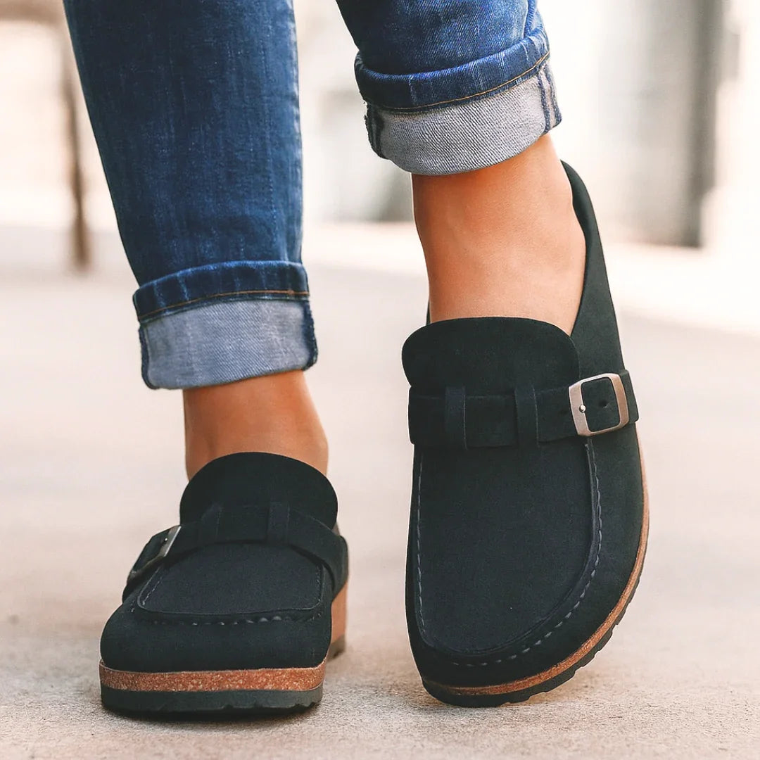 Black orthopedic slip-on loafers with double strap and textured sole