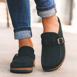 Black orthopedic slip-on loafers with double strap and textured sole