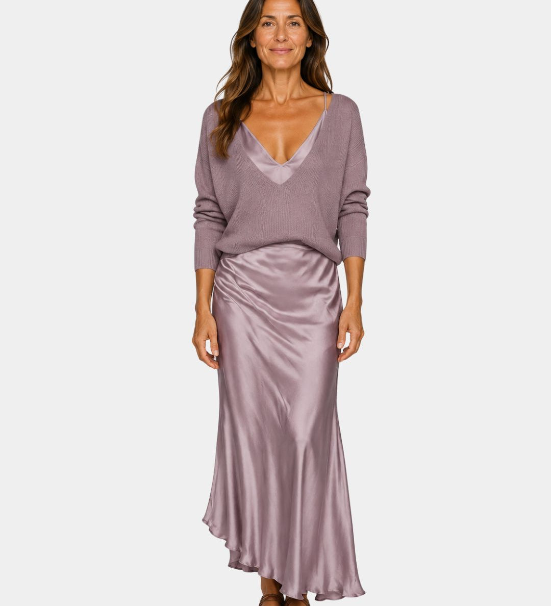 Purple V-neck dress with blouse top and satin midi skirt