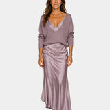 Purple V-neck dress with blouse top and satin midi skirt