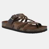 Orthopedic sandals in dark brown with braided crisscross straps and adjustable buckle