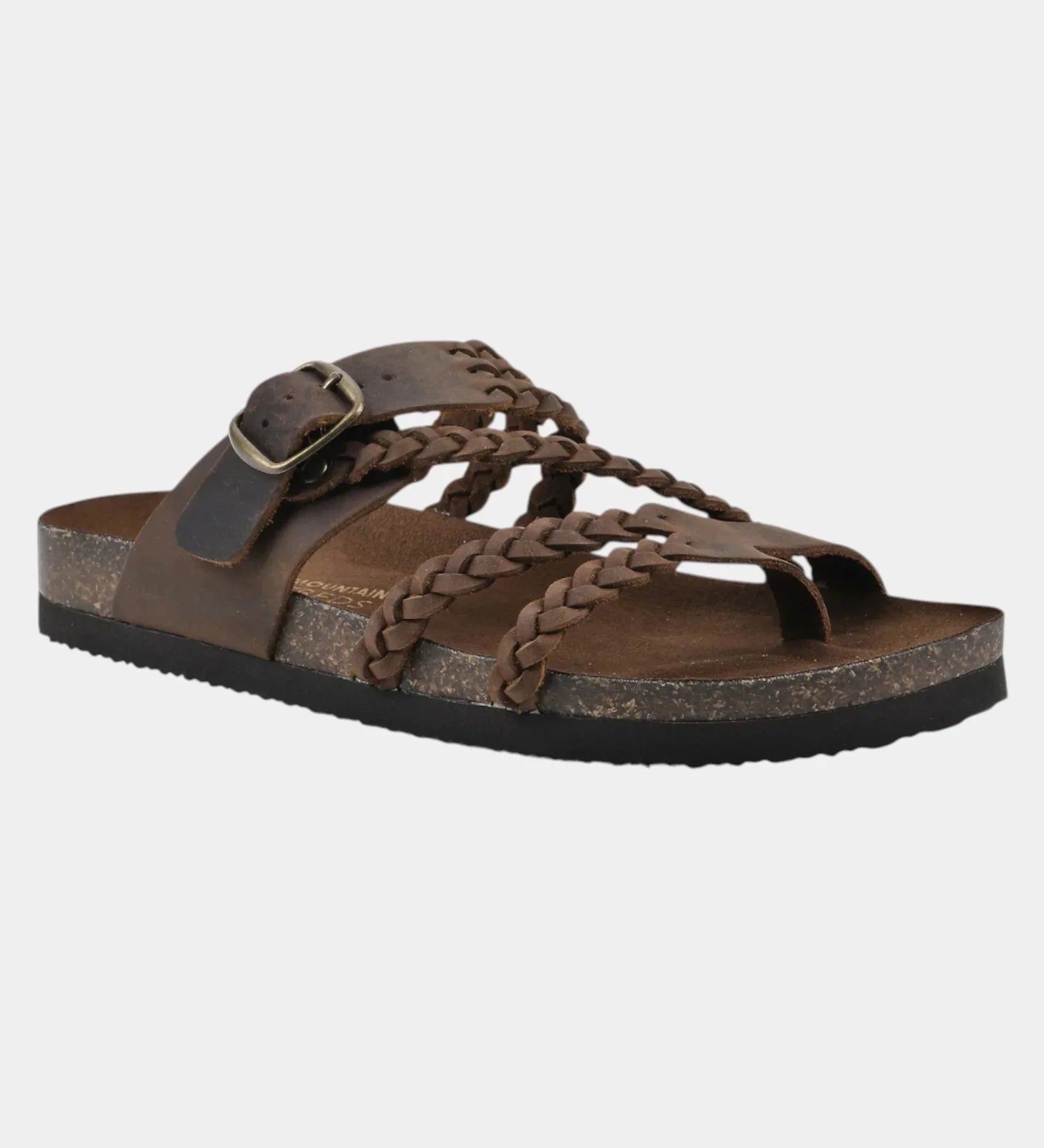 Orthopedic sandals in dark brown with braided crisscross straps and adjustable buckle