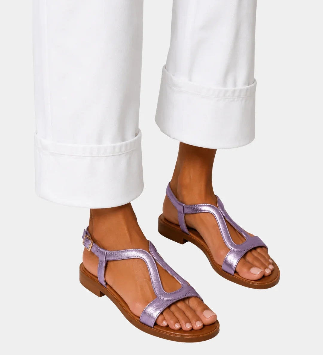 Lavender T-strap open-toe sandals with low block heel and ankle strap