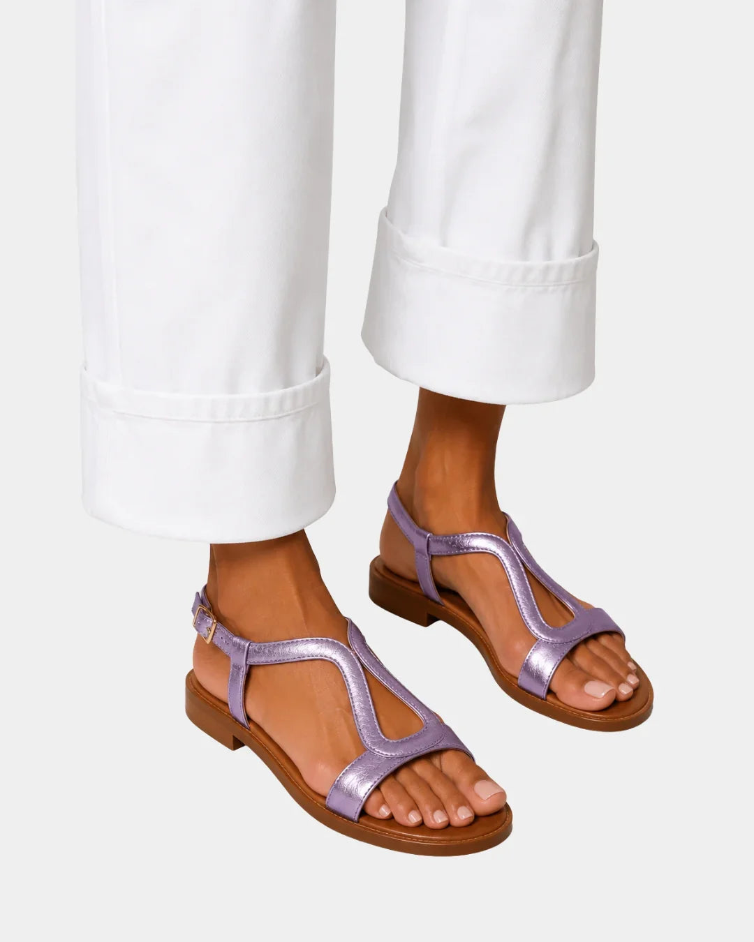 Lavender T-strap open-toe sandals with low block heel and ankle strap