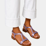Lavender T-strap open-toe sandals with low block heel and ankle strap