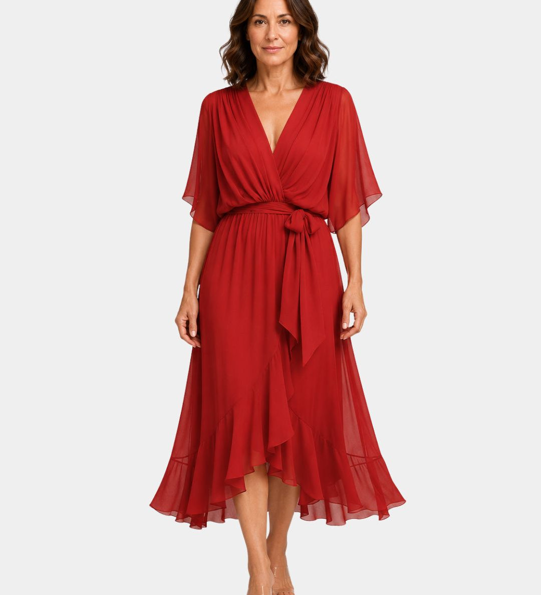 Red chiffon V-neck wrap dress with tie waist, flutter sleeves and layered midi hem