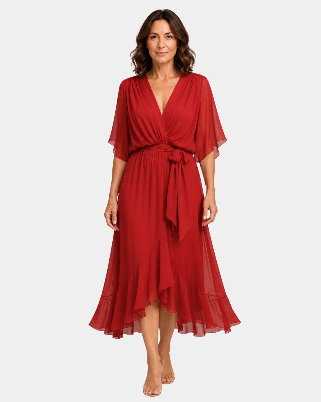 Red chiffon V-neck wrap dress with tie waist, flutter sleeves and layered midi hem