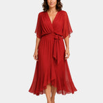 Red chiffon V-neck wrap dress with tie waist, flutter sleeves and layered midi hem