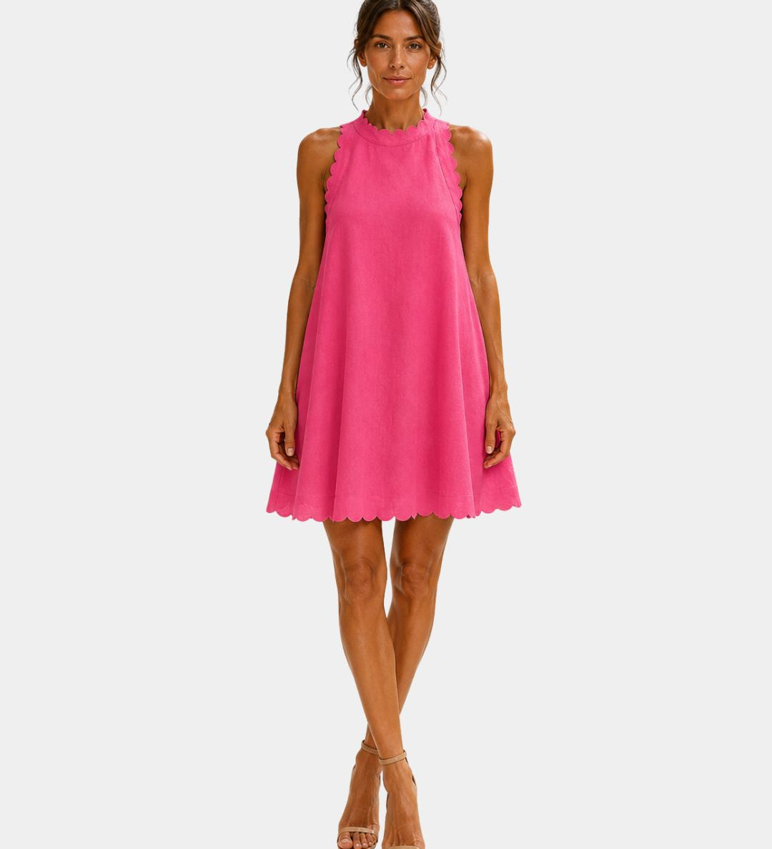 Hot pink sleeveless short dress with high neck and scalloped hem