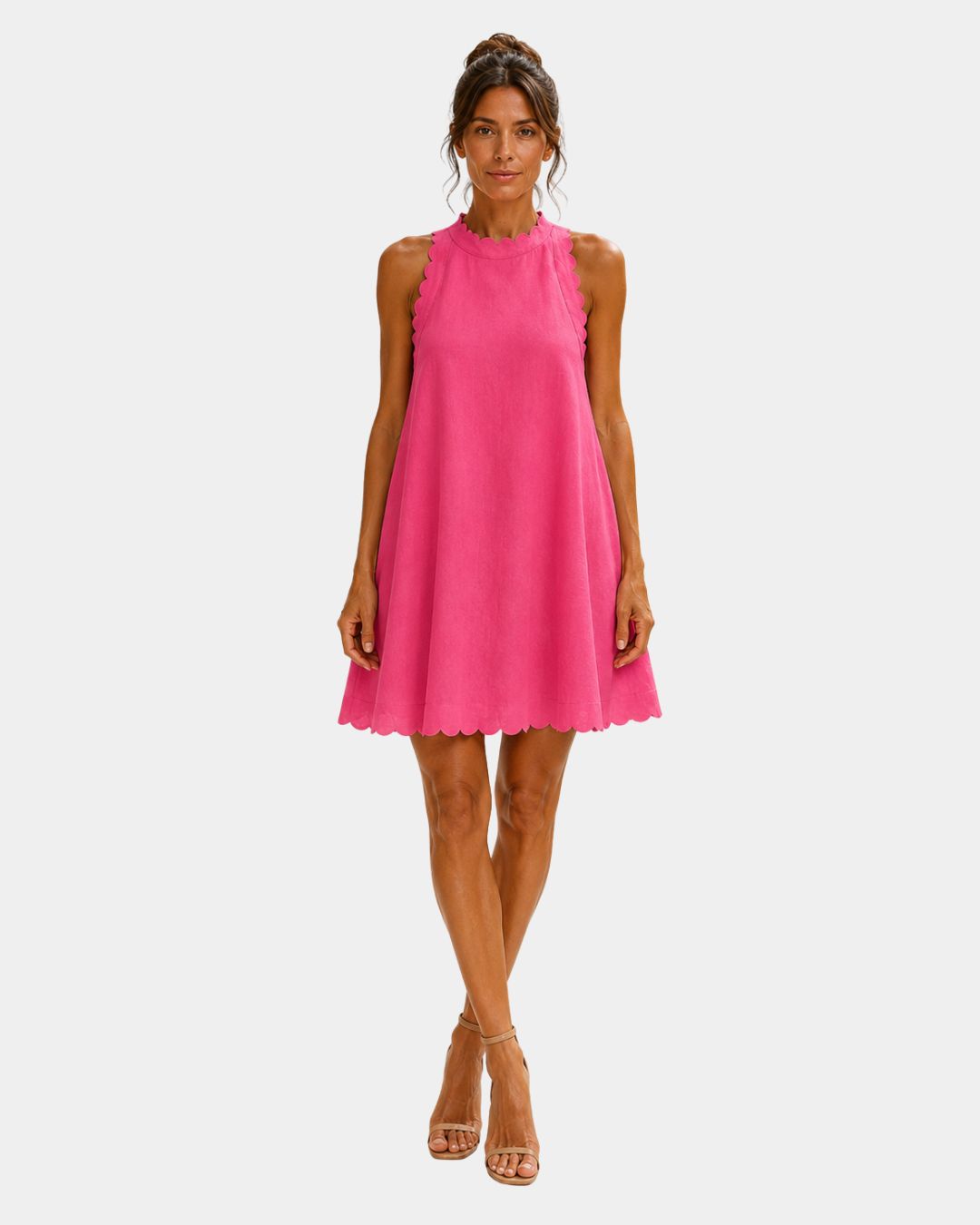 Hot pink sleeveless short dress with high neck and scalloped hem