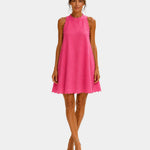 Hot pink sleeveless short dress with high neck and scalloped hem