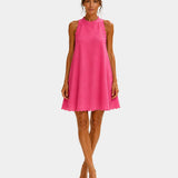 Hot pink sleeveless short dress with high neck and scalloped hem