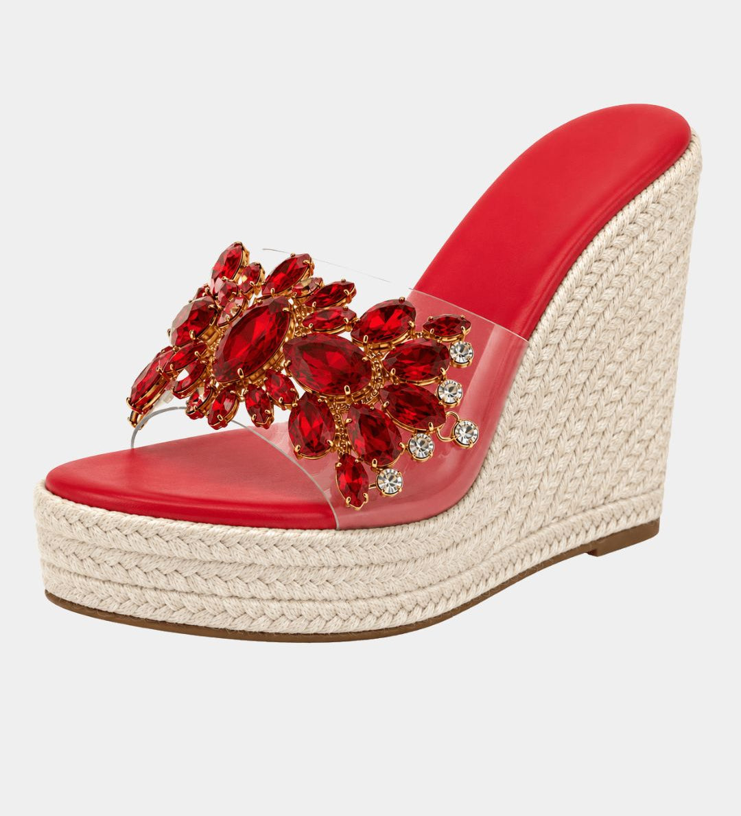 Red heeled platform sandals with red jeweled floral strap and woven wedge