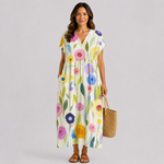Light floral midi summer dress with V-neck and short sleeves, relaxed fit